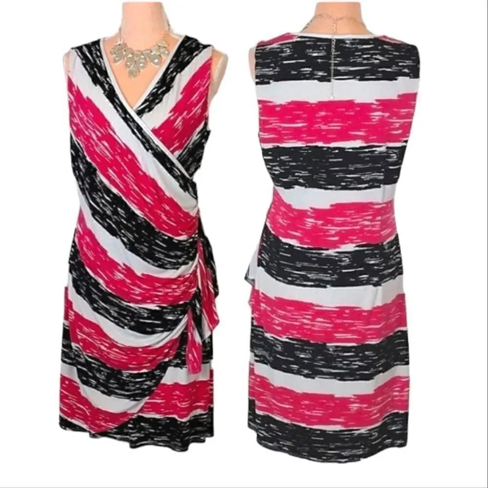 New York & Co White Pink Black Striped Faux Wrap Sheath Dress XL